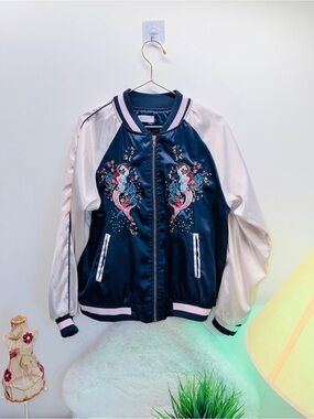 Ladies Mermaid 🧜‍♀️ Embroidered Satin Japanese Style Bomber Jacket Navy & Blush